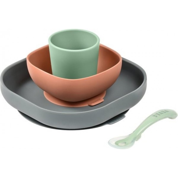 Béaba - Silicone maaltijdset - Kinderservies - 4-delig - Groen/terracotta/grijs